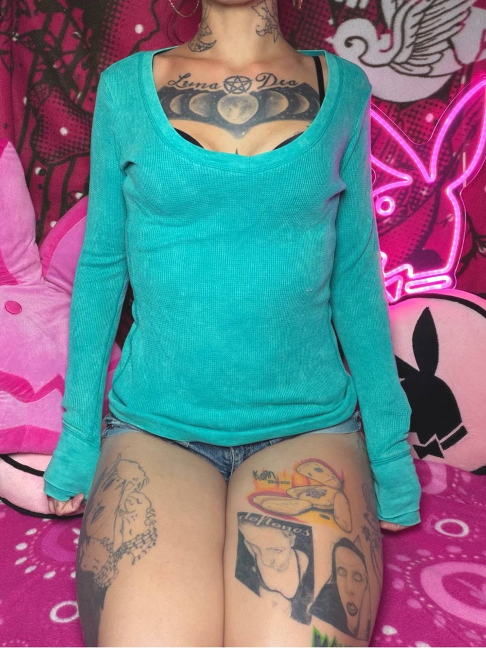Y2k Turquoise Fitted Waffle Knit Long Sleeve Top Size Small